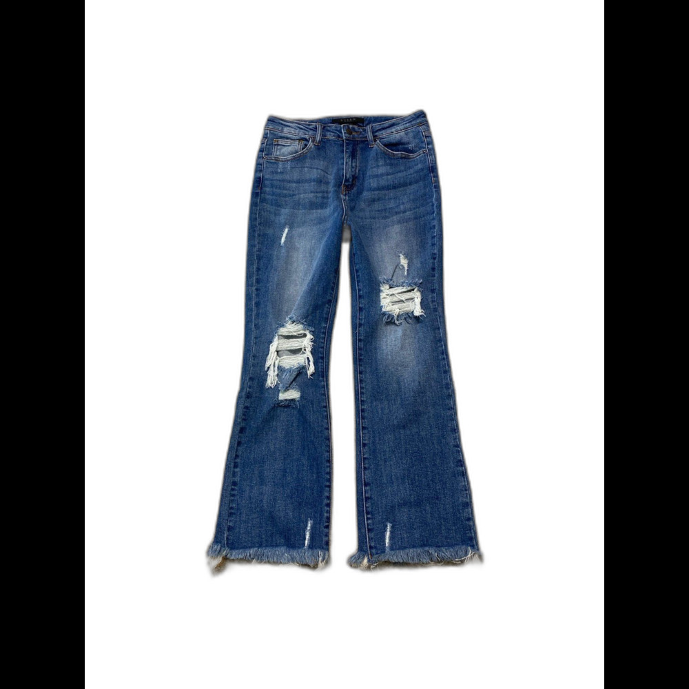 RISEN Jeans High-Rise Distressed Crop Flare Raw Fray Hem Size 29/9